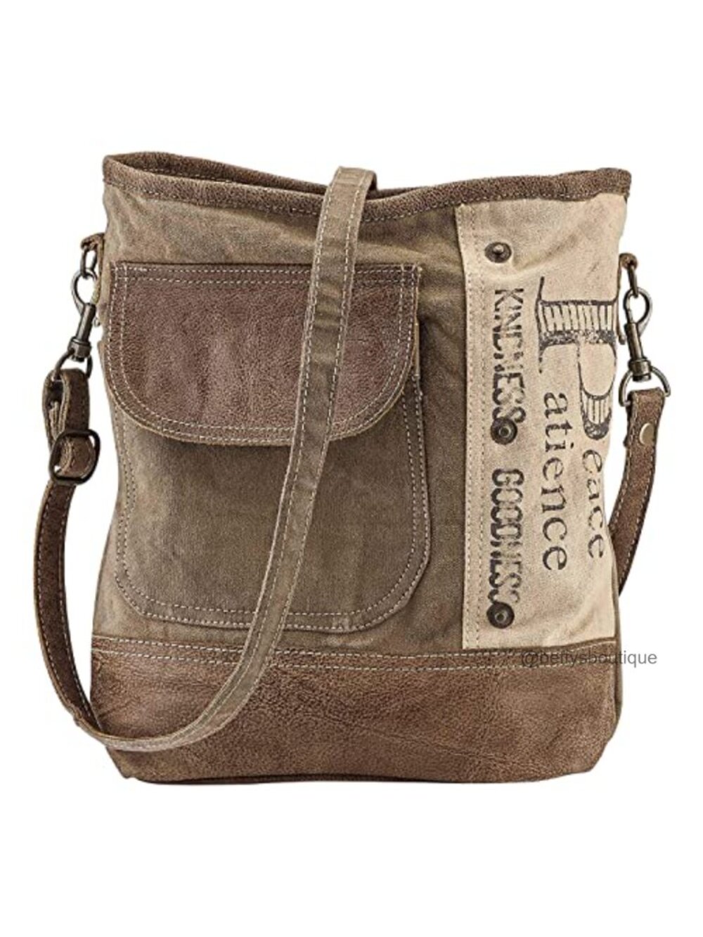 Upcycled Canvas Shoulder Bag Adjustable Strap Faux-Leather Trim Tote